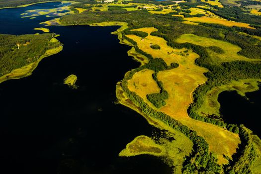 Top view of the Snudy and Strusto lakes in the Braslav lakes National Park, the most beautiful lakes in Belarus.Belarus.