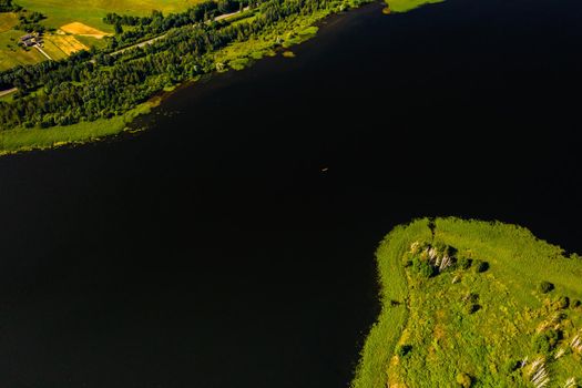 Top view of lake Drivyaty in the Braslav lakes National Park, the most beautiful lakes in Belarus.An island in the lake.Belarus