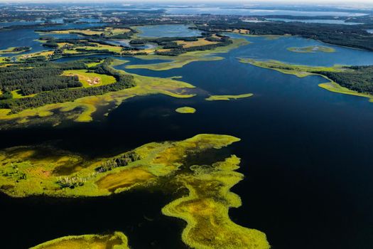 Top view of the Snudy and Strusto lakes in the Braslav lakes National Park, the most beautiful lakes in Belarus.Belarus.