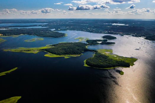 Top view of the Snudy and Strusto lakes in the Braslav lakes National Park, the most beautiful lakes in Belarus.Belarus.