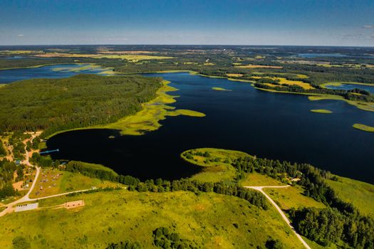 Top view of the Snudy and Strusto lakes in the Braslav lakes National Park, the most beautiful lakes in Belarus.Belarus.