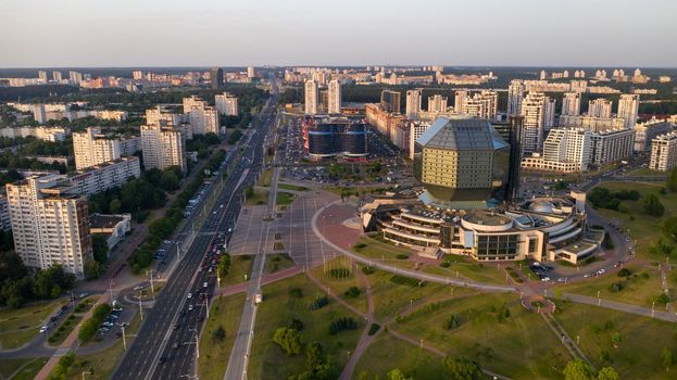 View from the roof of the National Library in Minsk at sunset. Belarus, public building.