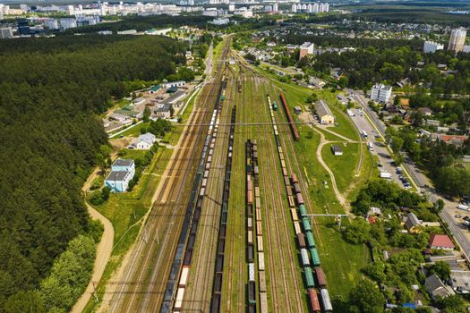 aerial photography of railway tracks and cars.Top view of cars and Railways.Minsk.Belarus.