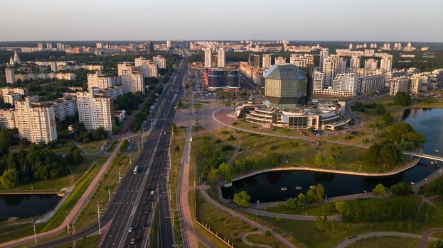 View from the roof of the National Library in Minsk at sunset. Belarus, public building.