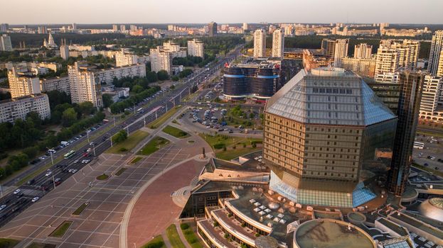 View from the roof of the National Library in Minsk at sunset. Belarus, public building.