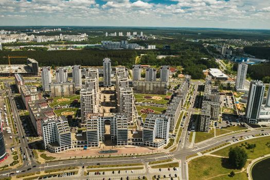 View from the height of the new district in the city of Minsk.Architecture of the city of Minsk.A new area of the lighthouse.Belarus.