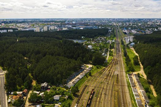 aerial photography of railway tracks and cars.Top view of cars and Railways.Minsk.Belarus.