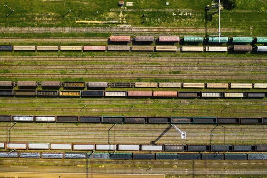 aerial photography of railway tracks and cars.Top view of cars and Railways.Minsk.Belarus.