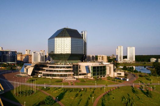 Top view of the National library and a new neighborhood with a Park in Minsk.Belarus, public building.