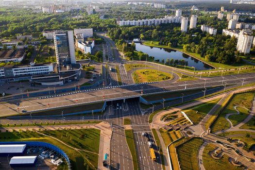 top view from the height of bird flight on Independence Avenue in Minsk.View of a road intersection in Minsk. Belarus