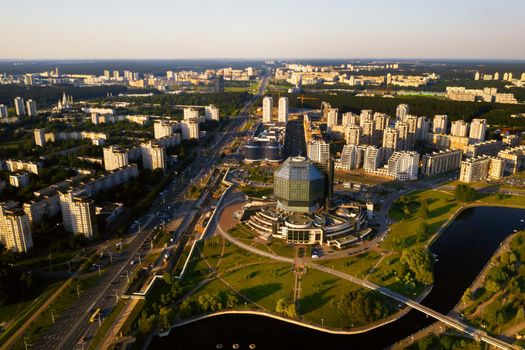 Top view of the National library and a new neighborhood with a Park in Minsk.Belarus, public building.