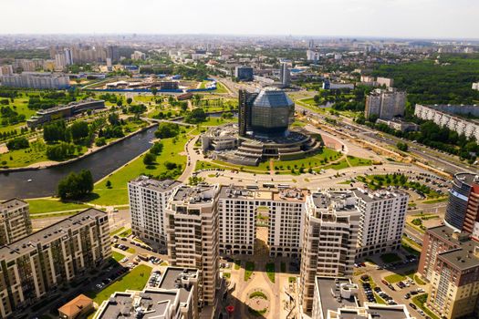Top view of the National library and a new neighborhood with a Park in Minsk.Belarus, public building.