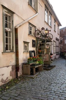 Riga, Latvia. August 2021.  vintage objects displayed outside a shop on a street in the city center