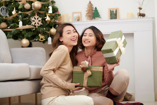 Young woman best friends celebrating Xmas in house