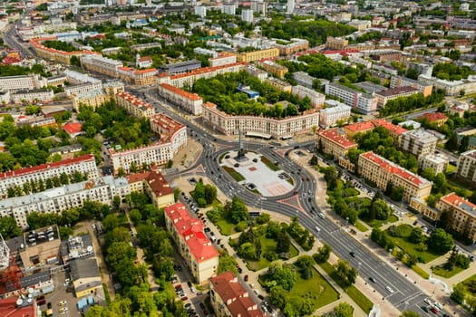 Top view of Victory square in Minsk.Bird's-eye view of the city of Minsk and victory square.Belarus