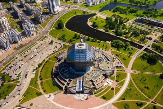 Top view of the National library and a new neighborhood with a Park in Minsk.Belarus, public building.