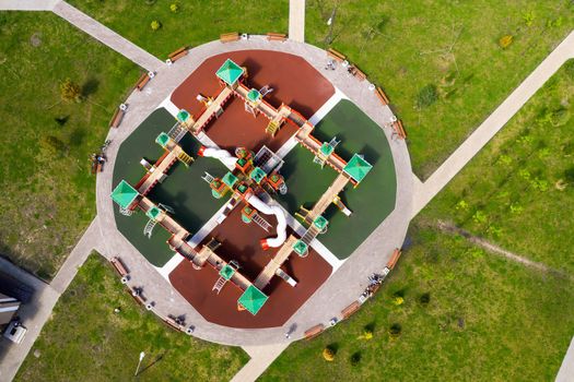 Top view of the New Playground in the new district of Minsk.View from the height of a large children's play area on the street.Belarus.