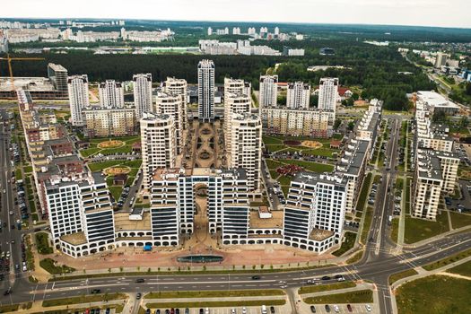 View from the height of the new district in the city of Minsk.Architecture of the city of Minsk.A new area of the lighthouse.Belarus.