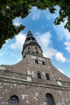 Riga, Latvia. August 2021. External view  of St. Peter's Church in the city center