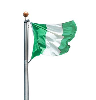 National flag of Nigeria on a flagpole, isolated on a white background