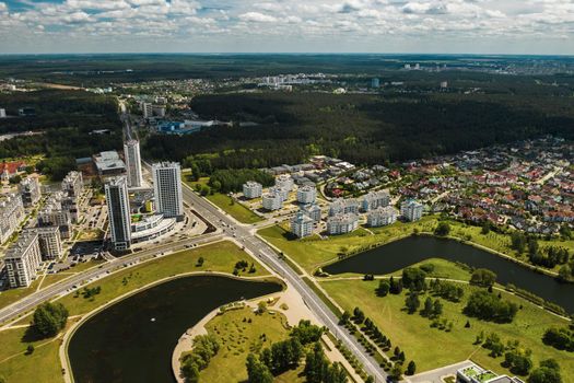 aerial photography from above of a large number of houses in the Eastern district of Minsk.The district of the city of Minsk the river Svisloch.Belarus.