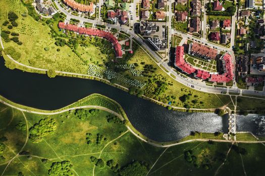 aerial photography from above of a large number of houses in the Eastern district of Minsk.The district of the city of Minsk the river Svisloch.Belarus.