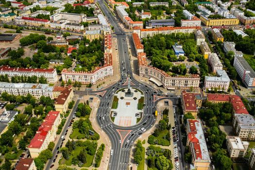 Top view of Victory square in Minsk.Bird's-eye view of the city of Minsk and victory square.Belarus