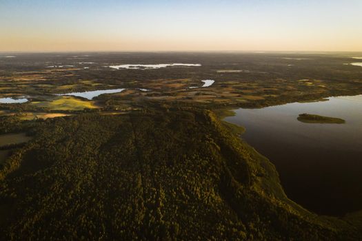 Top view of lake Drivyaty in the Braslav lakes National Park, the most beautiful lakes in Belarus.An island in the lake.Belarus