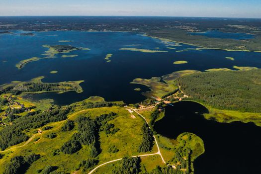 Top view of the Snudy and Strusto lakes in the Braslav lakes National Park, the most beautiful lakes in Belarus.Belarus.