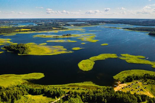 Top view of the Snudy and Strusto lakes in the Braslav lakes National Park, the most beautiful lakes in Belarus.Belarus.