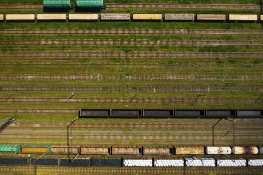 aerial photography of railway tracks and cars.Top view of cars and Railways.Minsk.Belarus.