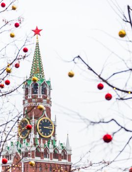 Spasskaya Tower on Red square in Moscow, Russia on Christmas