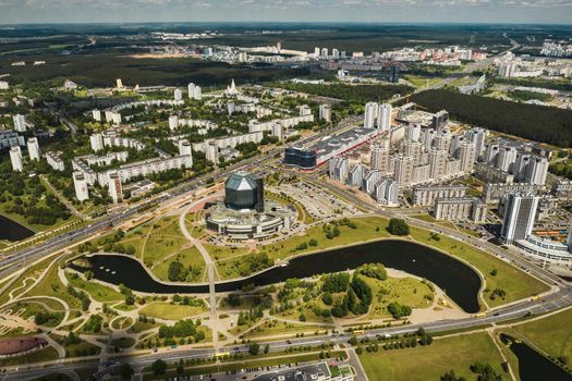Top view of the National library and a new neighborhood with a Park in Minsk-the capital of the Republic of Belarus, a public building.