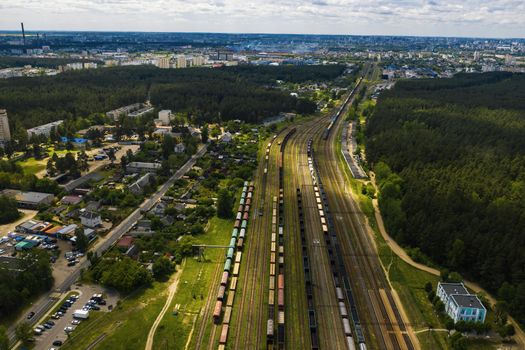 aerial photography of railway tracks and cars.Top view of cars and Railways.Minsk.Belarus.