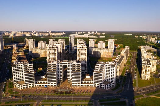 View from the height of the new district in the city of Minsk.Architecture of the city of Minsk.A new area of the lighthouse.Belarus.