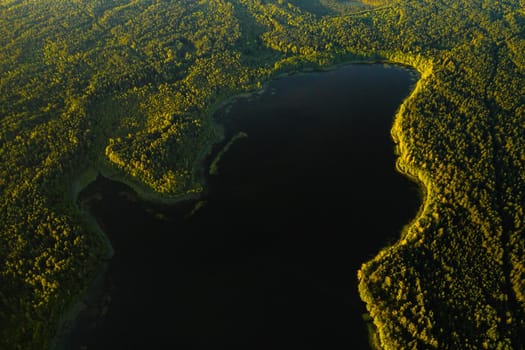 Top view of the lake Bolta in the forest in the Braslav lakes National Park, the most beautiful places in Belarus.An island in the lake.Belarus