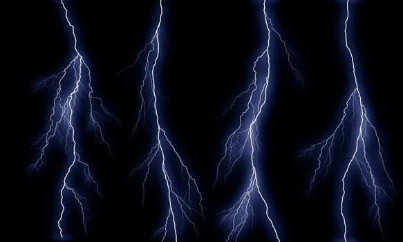Different lightning bolts isolating on black background