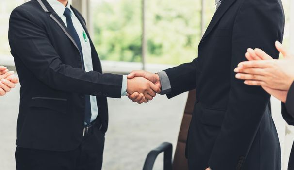 Business Partners Executive Greetings Handshake After Conference Agreement Deal Together, Businesspeople Executive Shaking Hands Togetherness in Meeting Room., Business Partnership Team Concept.