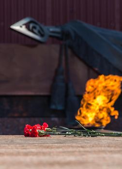 Eternal fire and flowers in memory of victims in the world war, Grave of Unknown soldier, Kremlin wall. Moscow, Russia.