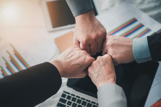 Business People Executive Teamwork Joint Hands in Meeting Room Together, Business Team Connecting Hand for Partnership Support Trust Togetherness. Business Partner Teams and Unity Supporting Concept