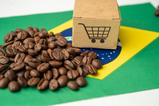 Coffee beans on Brazil flag; import export drink food concept. flag, import export drink food concept.