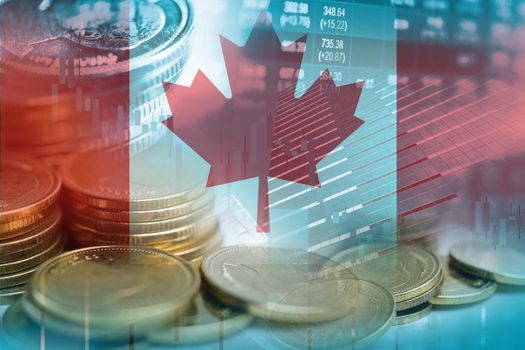 Stock market investment trading financial, coin and Canada flag or Forex for analyze profit finance business trend data background.