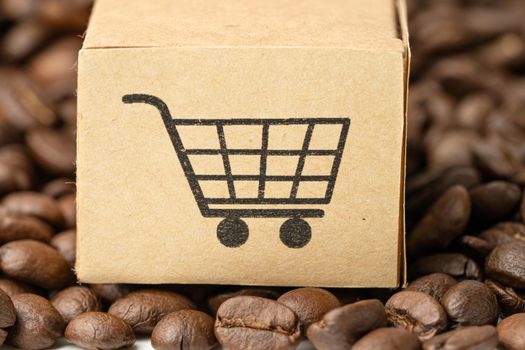 Box with shopping cart logo symbol on coffee beans, Import Export Shopping online or eCommerce delivery service store product shipping, trade, supplier concept.