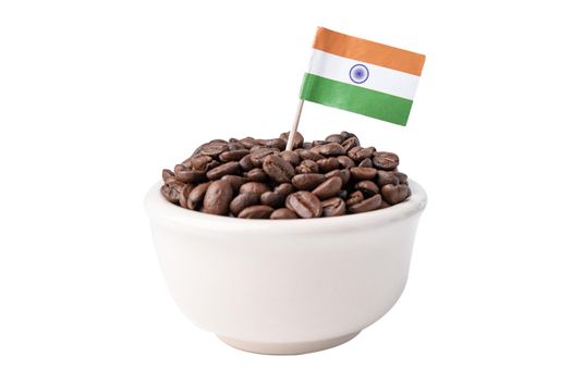 India flag on coffee beans, import export drink food concept.