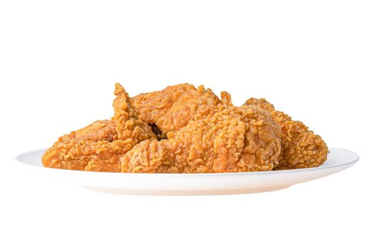 Fried chicken fast food on white dish isolated on white background.