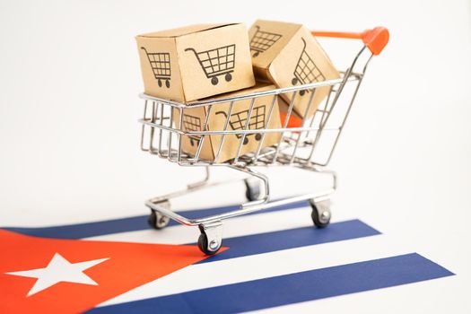 Box with shopping cart logo and Cuba flag, Import Export Shopping online or eCommerce finance delivery service store product shipping, trade, supplier concept.