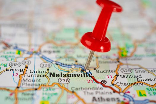 Bangkok, Thailand, June 1, 2020 Nelsonville, Ohio, road map with red pushpin, city in the United States of America USA.