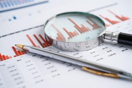 Magnifying glass on charts graphs paper. Financial development, Banking Account, Statistics, Investment Analytic research data economy, Stock exchange trading, Business office company meeting concept.