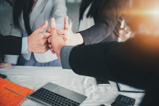 Business People Teams Giving Thumbs up While Standing in Office Workplace, Close Up of Confident Business Officer Teamwork Showing Thumbs-up Satisfied ​for Work Warranty Trust. Trustworthy Concept