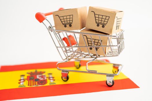 Box with shopping cart logo and Spain flag, Import Export Shopping online or eCommerce finance delivery service store product shipping, trade, supplier concept.